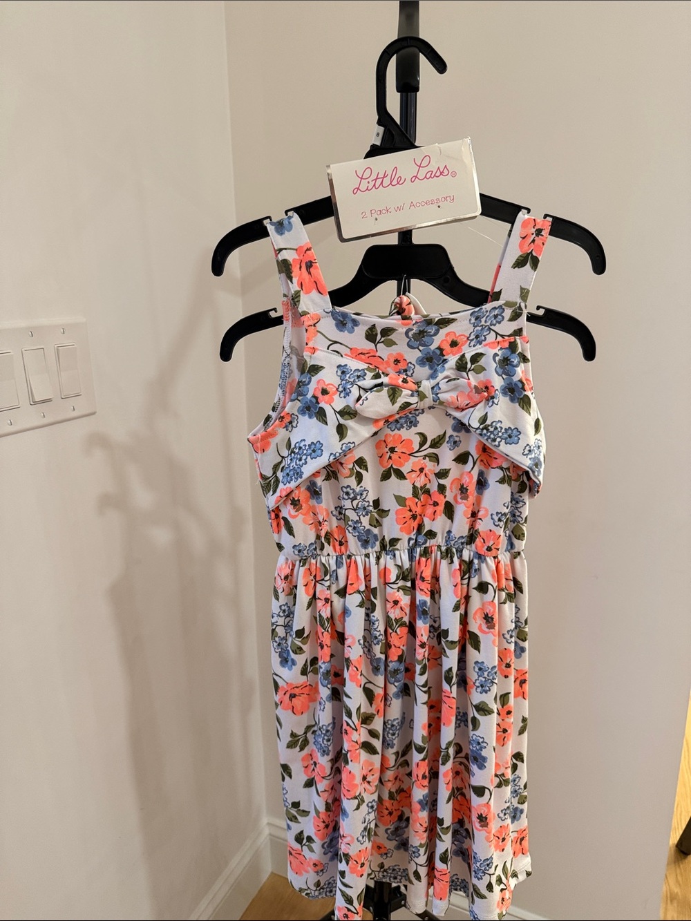 Little Lass White Floral Dress with Coral and Blue Flowers